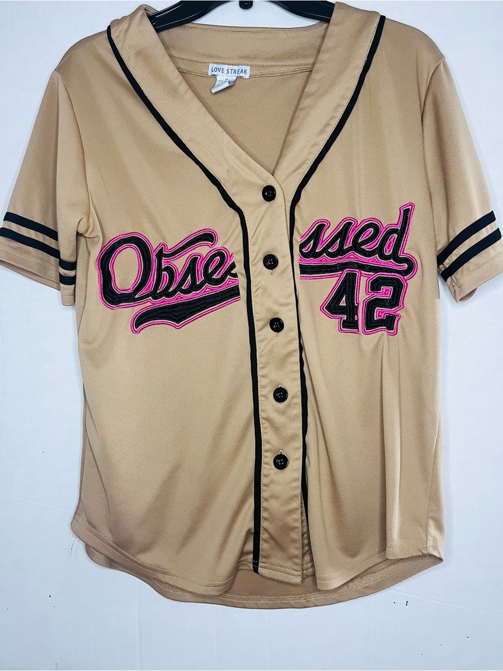 Women's Tan 'Obsessed 42' Button-Up Jersey Medium
